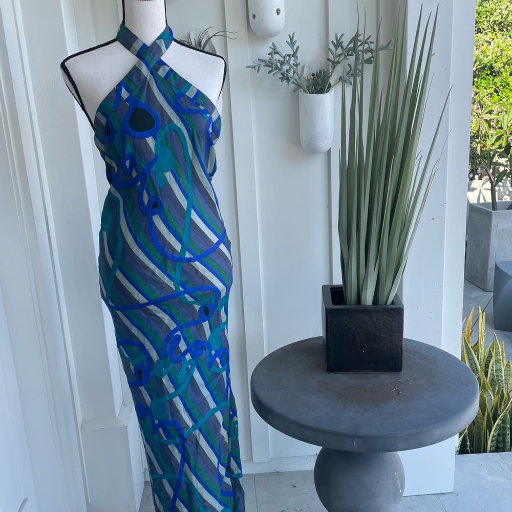 Silk - screen printed maxi dress with slit up left leg